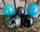 Turquoise and Black Floats, Set of 5 Hand Blown Glass Balls, Interior Design Home Decor, Outdoor Garden Art Pond Spheres, Avalon Glassworks