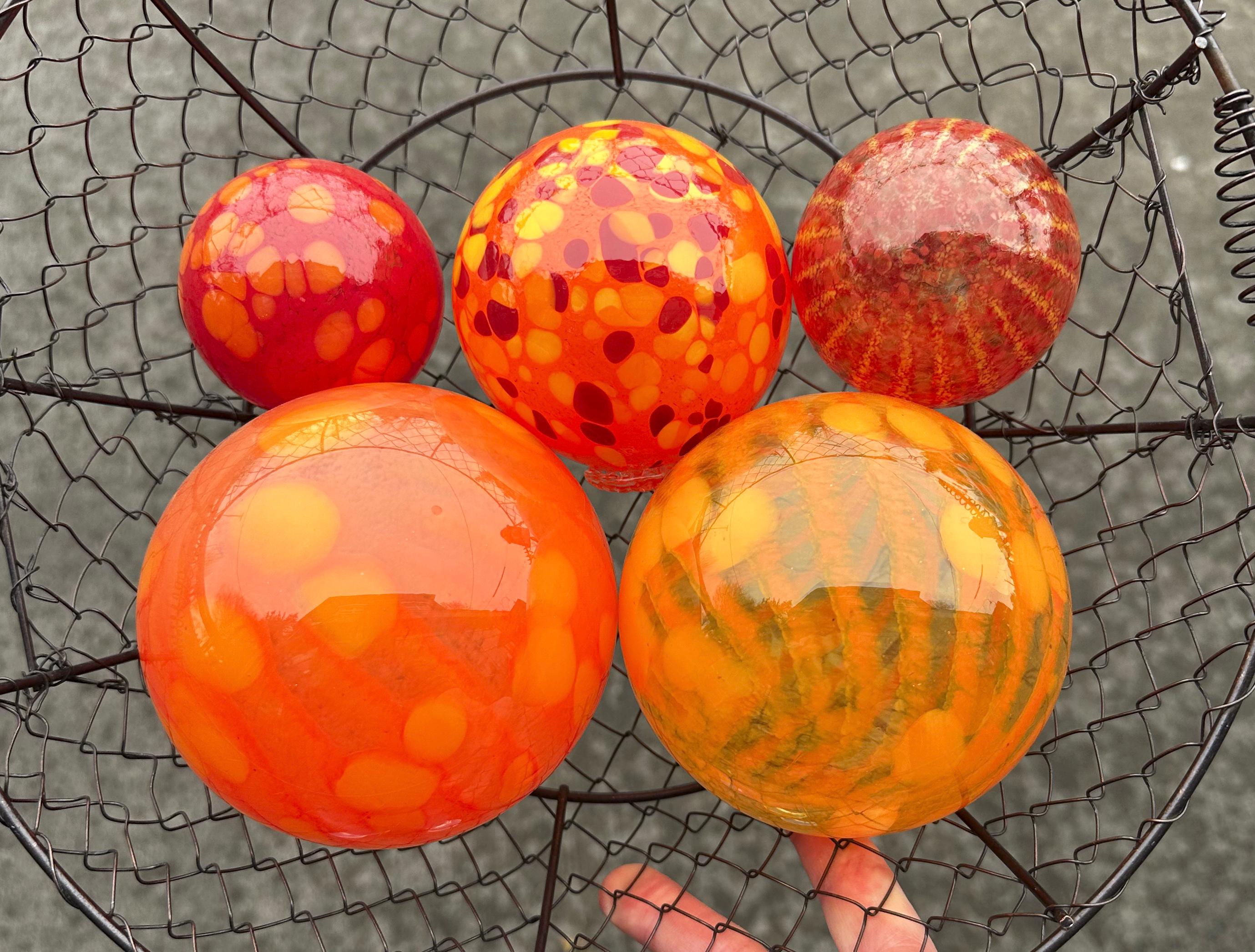 Orange Blown Glass Floats Set Of 5 Decor Balls, 2.75"-4.5" Orbs - Avalon Glassworks