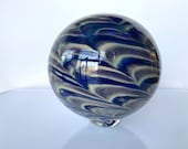 Blue Beige Brown Wave Pattern Garden Globe, 7" Blown Glass Outdoor Decor Art Sphere, Large Fishing Float, Gazing Ball, Avalon Glassworks