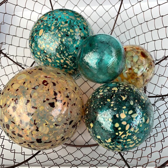 Teal And Gold Floats Set Of Five Decorative Blown Glass Etsy