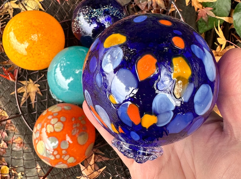 Blue Orange Turquoise Nautical Glass Floats, Set of 5 Hand Blown Spheres, Interior Design Balls, Garden Art Decor Orbs, Avalon Glassworks image 7