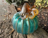 Aqua Green Luster Blown Glass Pumpkin: Gold Ribs & Coil Stem, 3.75" Sculpture - Avalon Glassworks