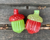 Red & Green Glass Acorns: Set of 2 Autumn Table Decorations, 3" Sculptures - Avalon Glassworks