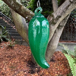 Green Glass Chili Pepper Ornament, 4.25&quot; Hand Blown Hanging Sun Catcher, Serrano Jalapeño Christmas Decor, Metal Hook, Avalon Glassworks