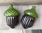 Brown Green Glass Acorn Sculptures, Set of 2 Seed Pod Paperweights, Fall Autumn Decorations, Nature Woodland Oak Tree Art, Avalon Glassworks