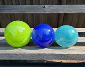 Green & Blue Glass Floats: Set of 3 Decor Balls, 2.75" Orbs - Avalon Glassworks