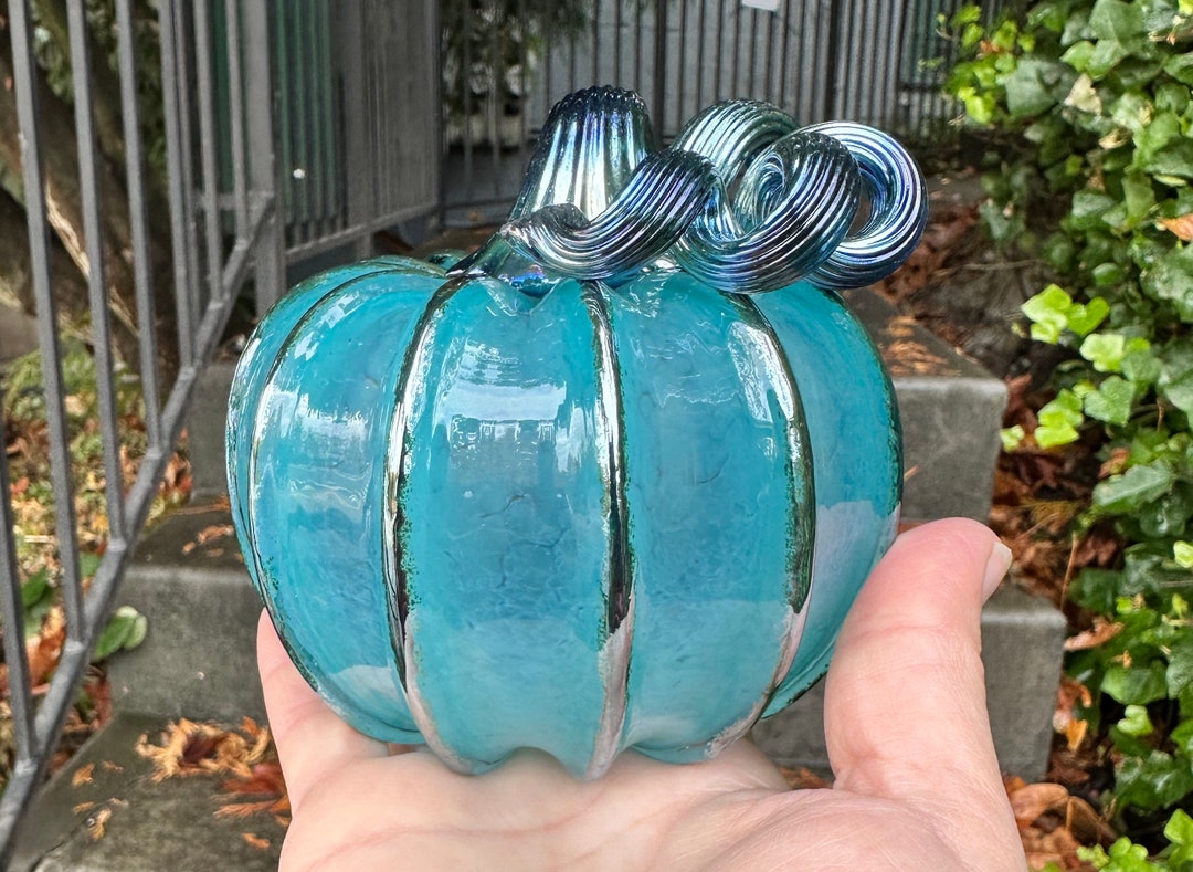 Turquoise Metallic Blue Glass Pumpkin 4 Hand Blown Etsy