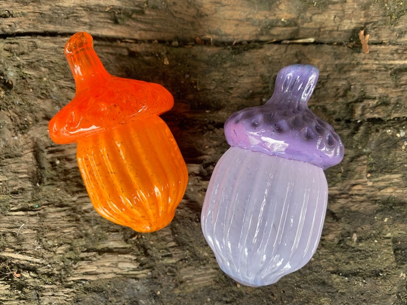 Purple Orange Glass Acorns Set of 2 Seed Pod Sculpture image 1