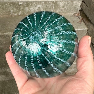 Beachy Blown Glass Float, Aqua Transparent Blue Turquoise Stripe, 3.375&quot; Decorative Sphere, Outdoor Garden Orb Art Ball, Avalon Glassworks