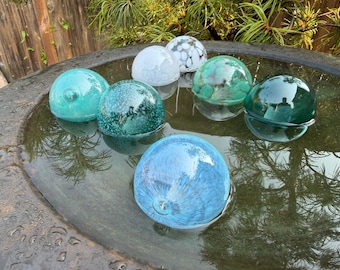 Turquoise & White Blown Glass Floats: Set of 7 Coastal Decor Balls, 2.75" Orbs - Avalon Glassworks