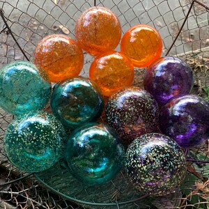 Teal Orange Purple Spot Floats, Set of 12 Decorative Blown Glass Balls Small Pond Spheres Outdoor Garden Art Coastal Decor Avalon Glassworks image 5