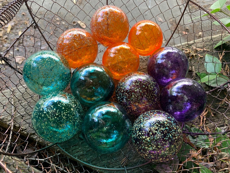 Teal Orange Purple Spot Floats, Set of 12 Decorative Blown Glass Balls Small Pond Spheres Outdoor Garden Art Coastal Decor Avalon Glassworks image 5