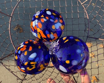Cobalt Blue Orange Spot Floats, Set of 3 Blown Glass Balls, 3.25" Outdoor Garden Decor Nautical Pond Orbs, Design Spheres, Avalon Glassworks