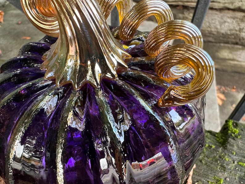 Purple & Gold Hand Blown Glass Pumpkin, 4.5 Decorative Squash Sculpture, Metallic Ribs Coil Stem, Halloween Autumn Fall, Avalon Glassworks image 9