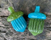 Olive Green & Turquoise Blue Glass Acorns: Set of 2 Autumn Table Decorations, 3" Sculptures - Avalon Glassworks