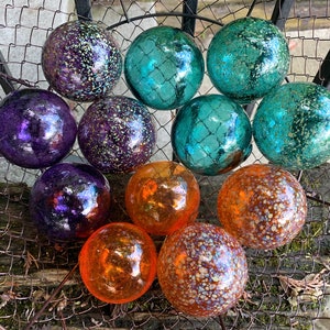 Teal Orange Purple Spot Floats, Set of 12 Decorative Blown Glass Balls Small Pond Spheres Outdoor Garden Art Coastal Decor Avalon Glassworks image 1