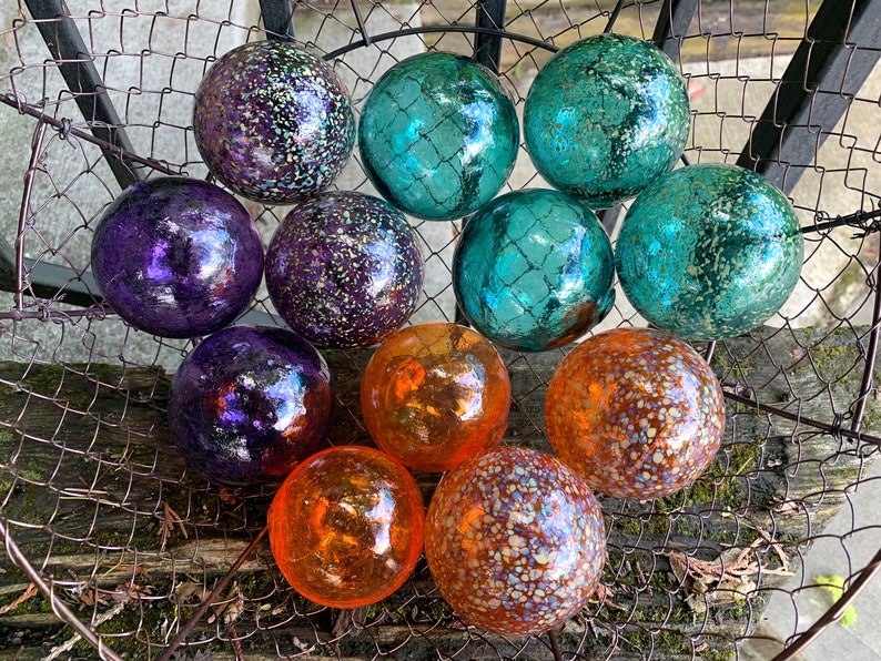Teal Orange Purple Spot Floats, Set of 12 Decorative Blown Glass Balls Small Pond Spheres Outdoor Garden Art Coastal Decor Avalon Glassworks image 1