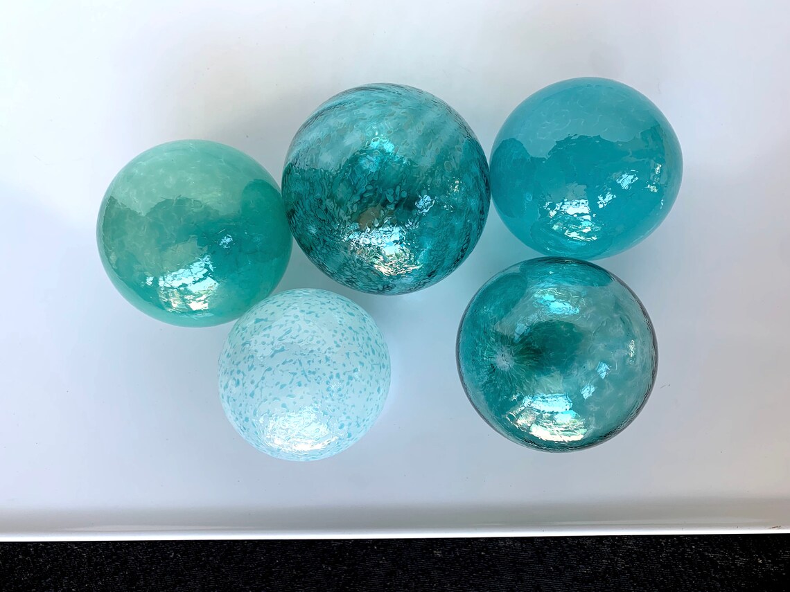 Turquoise Teal Aqua Blue Hand Blown Glass Balls Set of 5 Etsy