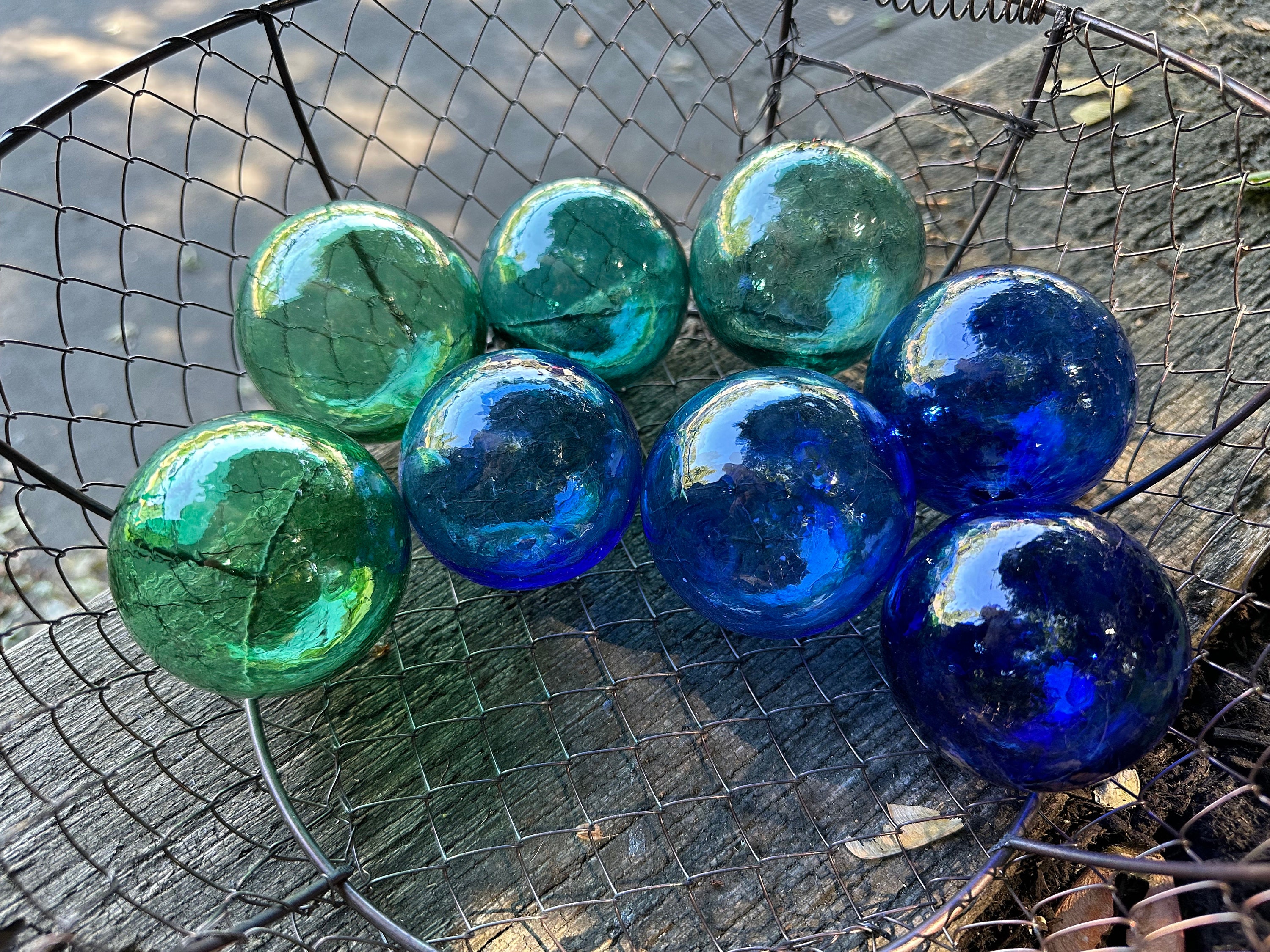 Smallest Beach Glass Floats, Set of 8 Blown Glass Balls, Blue