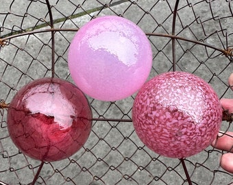 Pink Pond Floats, Set of 3 Blown Glass Balls, 2.625" Outdoor Garden Art Orbs, Cranberry Interior Design Decor Spheres, Avalon Glassworks