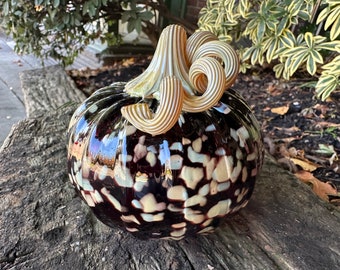 Brown Speckle Blown Glass Pumpkin, 4" Gourd Sculpture, Beige Blue Spots and Stem, Autumn Thanksgiving Table Centerpiece, Avalon Glassworks