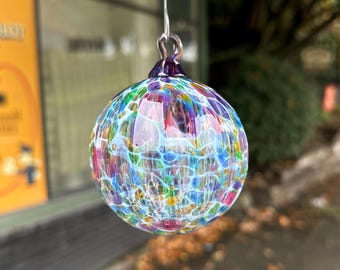 Purple Rainbow Blown Glass Ornament, 3&quot; White Pink Blue Green Amber Spot Sun-Catcher Christmas Holiday Decor, Metal Hook, Avalon Glassworks