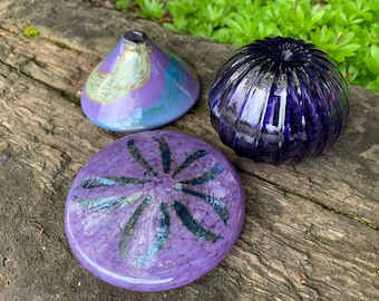 Purple Glass Sea Life Set, 3 Aquatic Art Glass Sculptures, Sea Urchin, Sand Dollar and Limpet Shells, Coastal Beach Decor, Avalon Glassworks