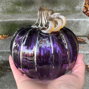 Purple & Gold Hand Blown Glass Pumpkin, 4.5 Decorative Squash Sculpture, Metallic Ribs Coil Stem, Halloween Autumn Fall, Avalon Glassworks image 2