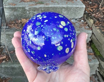 Blown Glass Float, Lapis Blue Beige Turquoise Spots, 3.25" Outdoor Garden Art Floating Pond Ball, Coastal Nautical Decor, Avalon Glassworks