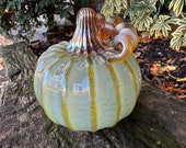 Sage Green Blown Glass Pumpkin, 4.25" Gourd Sculpture, Gold Metallic Ribs & Coil Stem Thanksgiving Halloween Autumn Decor, Avalon Glassworks