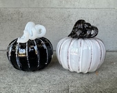 Black & White "Skeleton" Glass Pumpkins: Set of 2 Decorations, 3.5" Sculptures - Avalon Glassworks