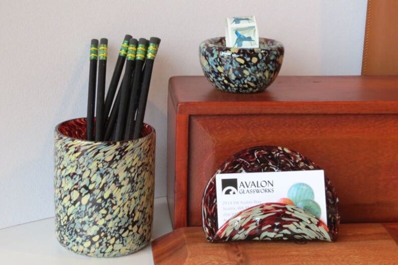 Red Blown Glass Desk Accessory Set 3 Pieces Includes Card Clip And Pen Holders In Dark With Beige Blue Spots By Avalon Glassworks