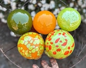 Blown Glass Floats: Set of 5 Green and Orange "1970s" Decor Balls, 3"-4" Orbs - Avalon Glassworks