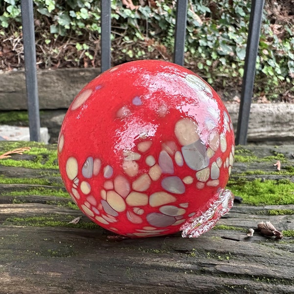 Earth & Fire Float, 3.25” Blown Glass Art Sphere, Red Beige Spot Interior Design Ball, Decorative Outdoor Garden Pond Orb, Avalon Glassworks