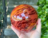 Orange Twist Glass Float, 4.5" Hand Blown Garden Gazing Ball, Red Swirl Pattern Outdoor Art Decor Interior Design Sphere, Avalon Glassworks