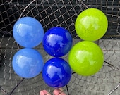 Bright Blue and Green Glass Balls, Set of 6 Hand Blown Floats, Lapis Denim Chartreuse Interior Design Outdoor Art Spheres, Avalon Glassworks