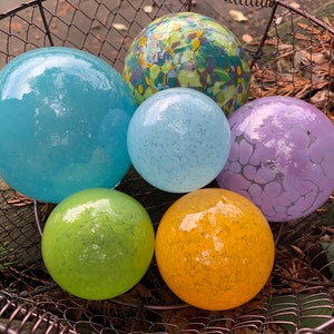 Spring Colors, Hand Blown Glass Floats Set of 6, Bright Green Turquoise Purple Yellow, Garden Art Balls, Floating Spheres, Avalon Glassworks image 3