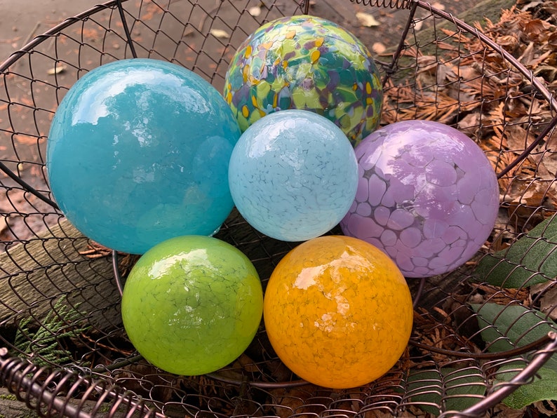 Spring Colors, Hand Blown Glass Floats Set of 6, Bright Green Turquoise Purple Yellow, Garden Art Balls, Floating Spheres, Avalon Glassworks image 3