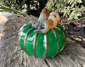 Emerald Green Blown Glass Pumpkin 3.75" Gourd Sculpture, Gold Brown Ribs & Coil Stem, Thanksgiving Halloween Autumn Decor, Avalon Glassworks