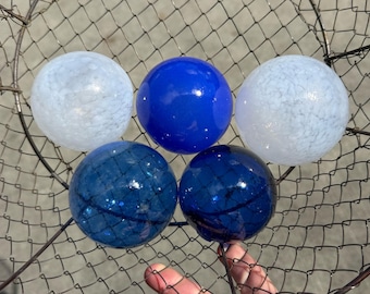 Blue and White Glass Floats: Set of 5 Decor Balls, 2.75" Orbs - Avalon Glassworks