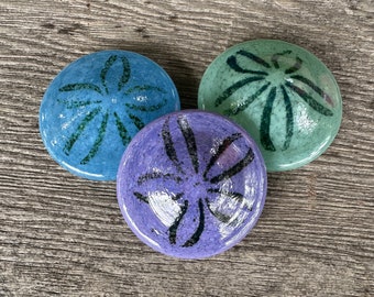 Glass Sand Dollars, Set of 3 Beach Paperweights, Green Blue Purple 3" Solid Sea Life Sculptures, Coastal Art Shell Decor, Avalon Glassworks