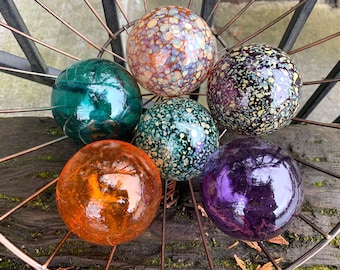 Purple Green Orange Floating Glass Balls, Set of 6 Hand Blown Interior Design Spheres, Coastal Outdoor Garden Art Decor, Avalon Glassworks