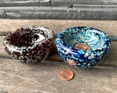 Mini Dishes, Set of Two Hand Blown Glass 3" Salt Cellars, Jewelry Holders, Dipping Sauce Pinch Bowls, Dark Red Blue Beige, Avalon Glassworks