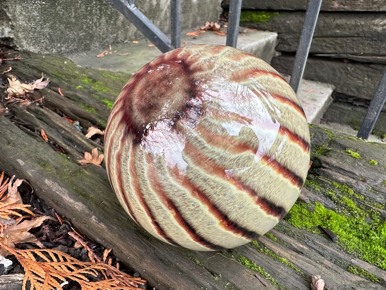 Cat's Eye Blown Glass Float, 4.5 Dark Red Beige Stripe Garden Ball, Outdoor Art Pond Orb, Interior Design Decor Sphere, Avalon Glassworks image 1