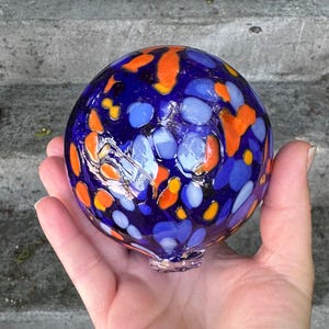 Cobalt Blue, Light Blue, Orange Spot Float 3.375&quot; Blown Glass Decorative Ball, Outdoor Garden Design Nautical Pond Sphere, Avalon Glassworks