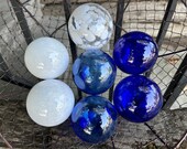Stack Balls, Blue and White Glass, 7 Decorative Spheres, Coffee Table Basket Living Room Garden Orbs Bulbs Floats Globes, Avalon Glassworks