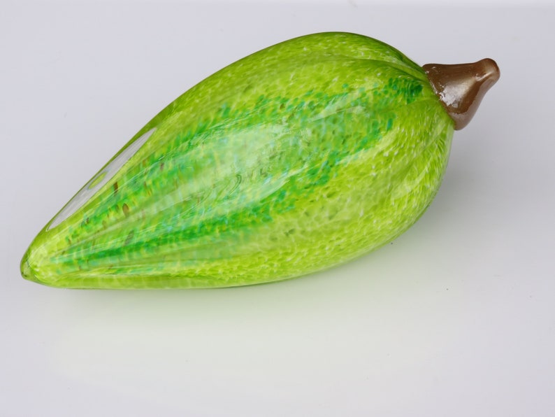 9 Long Decorative Gourd Avalon Glassworks Bright with Brown Stem Green Glass Cocoa Pod Cacao Bean Cacao Chocolate Industry Award