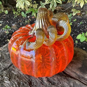 Hand Blown Orange & Gold Glass Pumpkin: Halloween Autumn Decor, 4&quot; - Avalon Glassworks