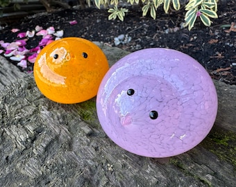 Pink and Orange Glass Chicks, Set of 2 Hand Blown 3" Bird Sculptures, Easter Mantel Table Spring Baby Shower Decor Peeps, Avalon Glassworks
