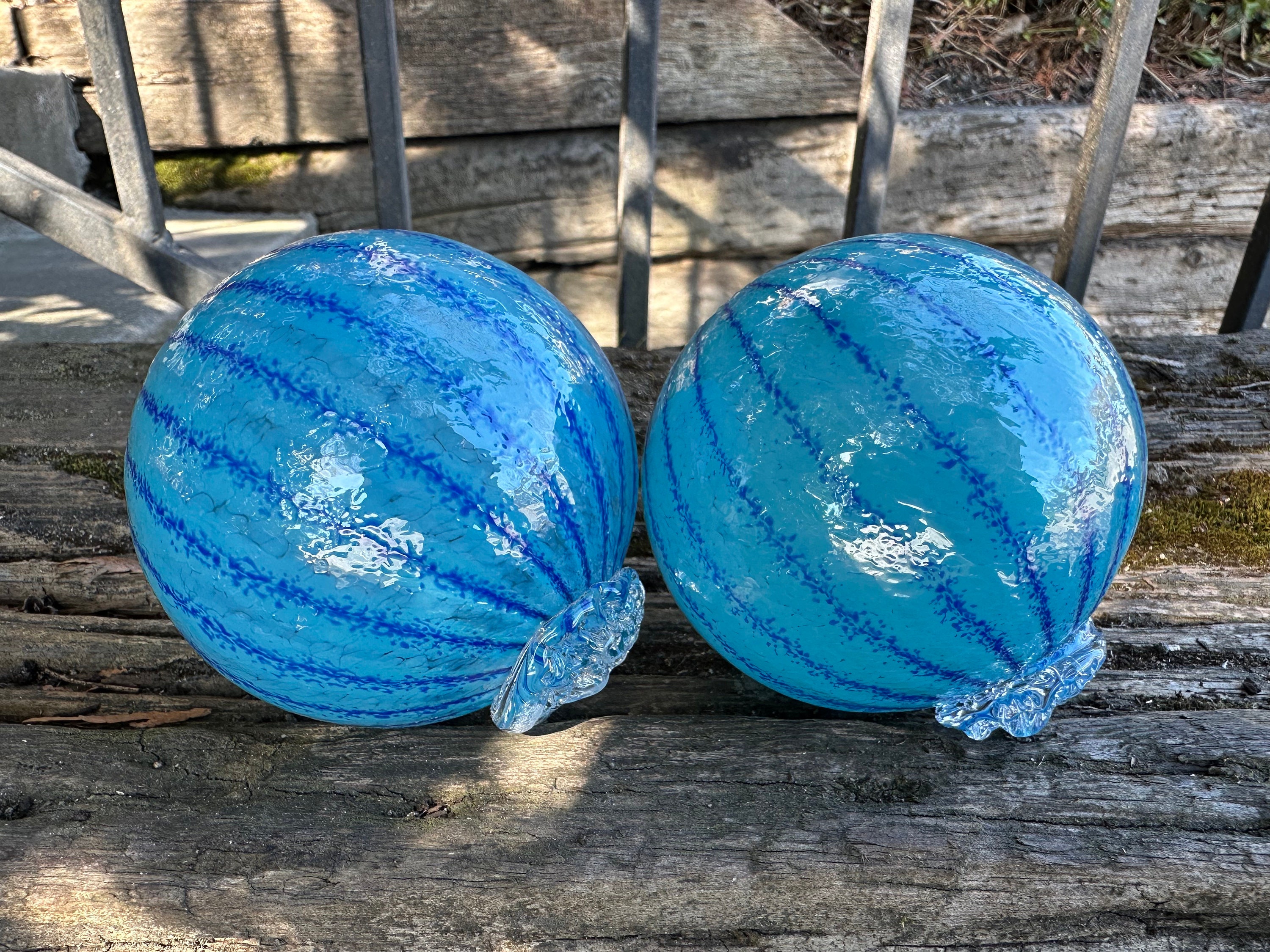 Turquoise & Dark Blue Stripe Floats, Set of 2 Blown Glass Pond Balls, 3  Interior Design Spheres Outdoor Garden Art Decor, Avalon Glassworks